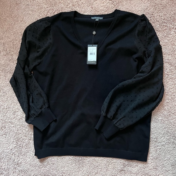 Adrianna Papell Sweaters - Adrianna Papell Black V-Neck Sweater with Sheer Sleeves